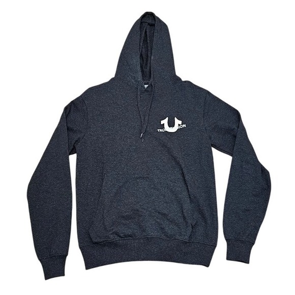 True Religion Sweatshirt Men XL Charcoal Gray Hoodie Slanted Logo Repeat Graphic - Picture 1 of 7